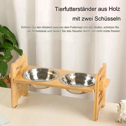 Verstellbare Futterstation aus Holz mit Edelstahl Näpfen