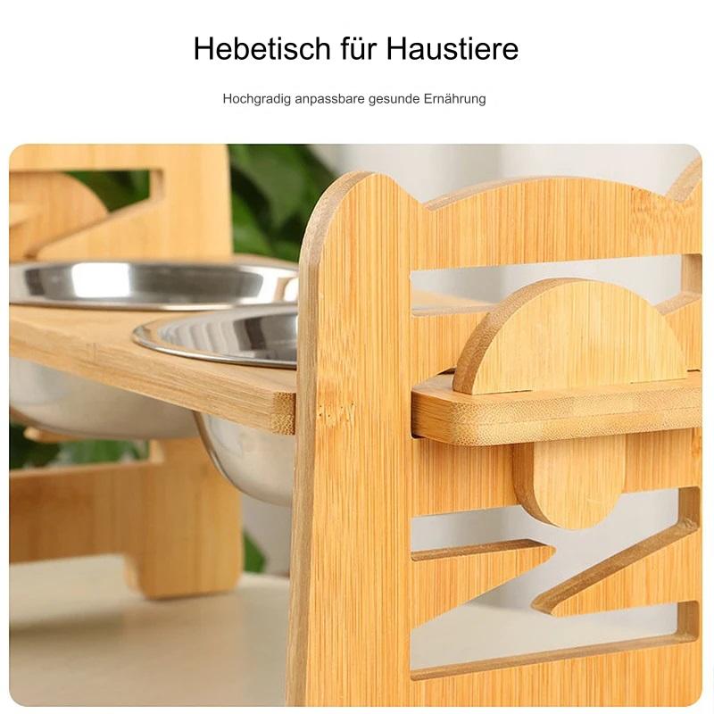 Verstellbare Futterstation aus Holz mit Edelstahl Näpfen